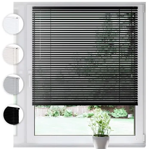 SONELLO Aluminium Jalousie 90cm x 100cm Schwarz Alu Jalousie Klemmfix ohne Bohren Sichtschutz Blendschutz Lichtschutz Sonnenschutz für Fenster und Türen