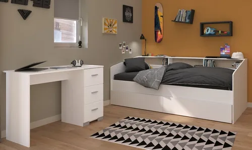 Parisot Jugendzimmer-Set Sleep 41, 3-tlg. - Modernes Design - Betten Set mit Bett, Schreibtisch und Stauraum, drehbare Rückwände in Weiß oder Eiche für individuelle Gestaltung, ideal für moderne Jugendzimmer.