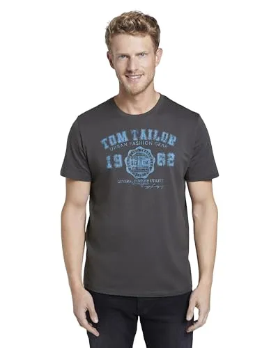 TOM TAILOR Herren T-Shirt mit Logo-Print aus Baumwolle, Tarmac Grey, M