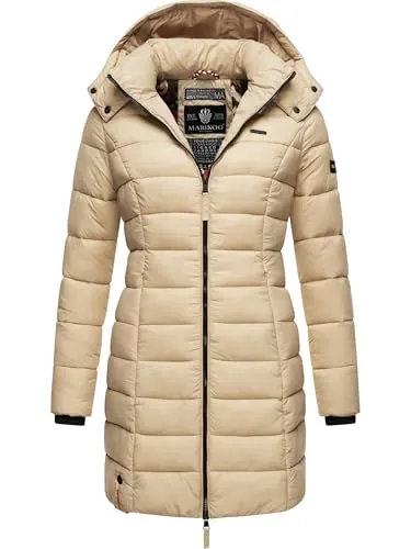 MARIKOO Damen langer Wintermantel warmer Steppmantel mit abnehmbarer Kapuze Abendsternchen Beige Gr. 5XL