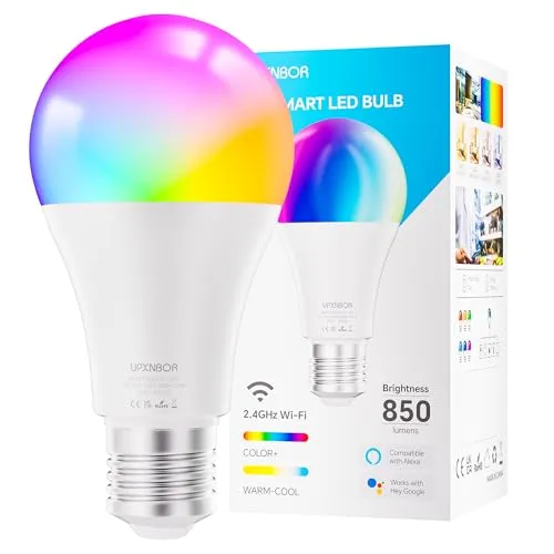 UPXNBOR Smarte Glühbirne E27 LED RGBWW WLAN Lampe, 9W, 1 Stück | Kompatibel mit Alexa & Google Assistant, 16 Mio. Farben, 1–100 % dimmbar, 850 lm, 2,4 GHz WLAN