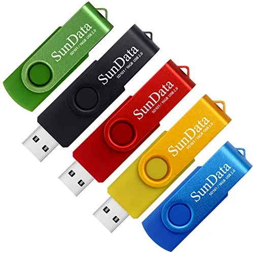 SunData 16GB USB Stick 5 Stück USB 2.0 Speicherstick Flash-laufwerke Rotate Metall (5 Mischfarben: Schwarz, Blau, Grün, Rot, Gold)