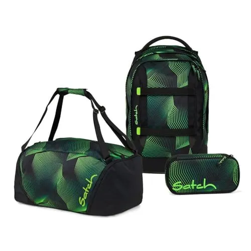 satch Pack Schulrucksack Set 3tlg. inkl. Schlamperbox und Sporttasche (Seismic Green) - Schultaschen Set mit innovativem 3D Soft-Mesh Rückensystem für optimalen Tragekomfort und stabile Organisation. Inklusive Schlamperbox für Schreibutensilien und Sporttasche.