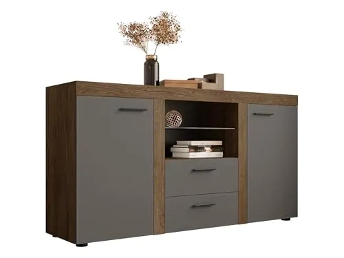 Mirjan24 Kommode Rango mit Glasboden, Highboard Sideboard, Anrichte, Naturtöne, Mehrzweckschrank, Wohnzimmerschrank, Anrichte, Schrank (ohne Beleuchtung, Lefkas Eiche/Graphit)