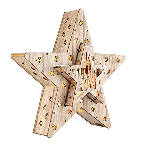Spetebo LED Deko Holz Stern im 2er Set mit 16 LED - 33,5 x 33,5 x 6 cm - Weihnachtsstern beleuchtet Tischdeko Fensterdeko