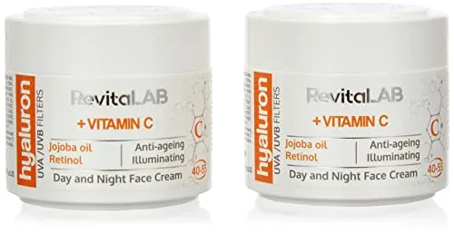 RevitaLAB Hyaluron Anti-Ageing Tages- und Nachtcreme, angereichert mit den Vitaminen A, B3, B5, E, C, Jojoba-Öl und UV-Filtern, für Alter zwischen 40 und 55, 50 ml (Multipack)