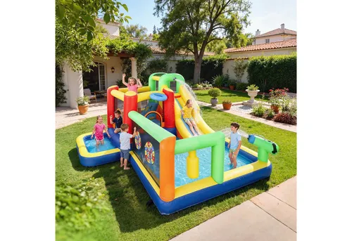 AIYAPLAY Hüpfburg mit Rutsche Planschbecken Wasserpistole Kletterwand Basketballkorb, (Wasserspielcenter, 1-tlg., 9-in-1 Aufblasbare Wasserpark), für 3-8 Jahre Kinder für Indoor Outdoor 330x290x185 cm