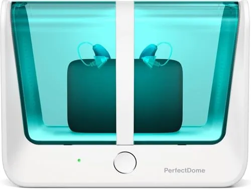 PerfectDome Entfeuchtungsgerät und UV-C-Behandlung für Hörgeräte allein oder mit ihren Ladegeräten, entfernt Schweiß und Feuchtigkeit aus Hörgeräten