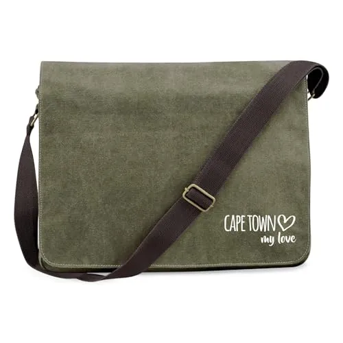Huuraa Schultertasche Cape Town my love Geschenk 14 Liter Military Green Canvas Cape Town Mitbringsel