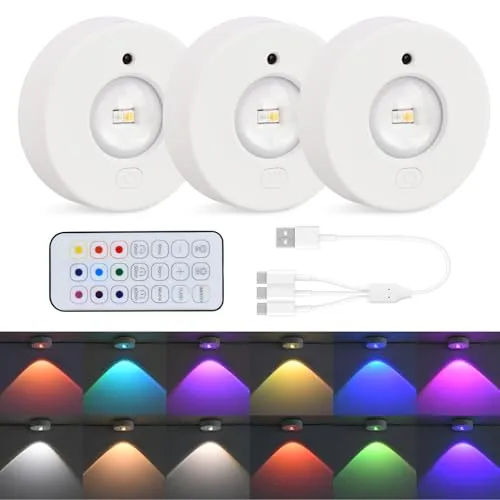 Mapille 3 Stück Schrankbeleuchtung mit Fernbedienung, USB Aufladbar RGB Dimmbar Unterbauleuchte, Kabellos Rund Vitrinenbeleuchtung LED, LED Spot Akku, Küche Schranklicht Klebeleuchte