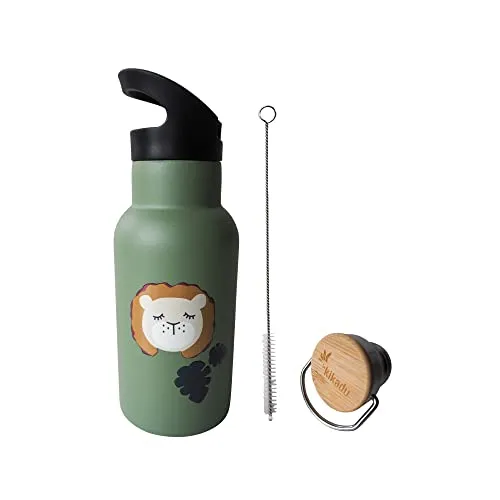 kikadu Trinkflasche Löwe Olive - BPA-frei, 350ml Edelstahl-Flasche - Doppelwandige Edelstahl-Trinkflasche mit 350ml für kühle und warme Getränke. Hält Getränke bis zu 12 Std. kalt oder warm, ideal für unterwegs. Inkl. Flaschenbürste zur einfachen Reinigung.