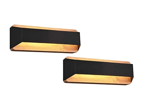 meineWunschleuchte LED Wandleuchten 2er SET aus Holz & Metall Schwarz - Wandleuchten im Vintage-Stil aus Holz und Metall, 35 cm breit. Dimmbar in 3 Stufen für individuelle Lichtatmosphäre - ideal für gemütliche Räume.