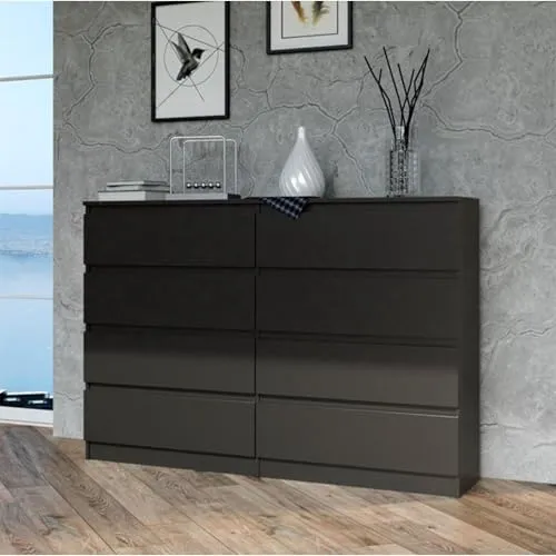 Kommode mit 8 Schubladen - Schwarz 140 cm - Stilvolle Kommode für Schlafzimmer oder Flur, gefertigt aus robustem 16mm Holzwerkstoff. Bietet sicheren Stauraum mit schienengeführten Schubladen und Auszugssperre. Ideal für elegante Organisation!