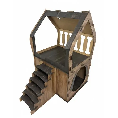 Jungengel 3XL Hundehütte für kleine Hunde – Indoor Hundebett mit Treppe & Balkon – MDF Haus mit 2 Ebenen, 91x84x58 cm – Stecksystem ohne Schrauben – bis 10 kg Hundehaus (Dunkelbraun | Braun, 3XL)