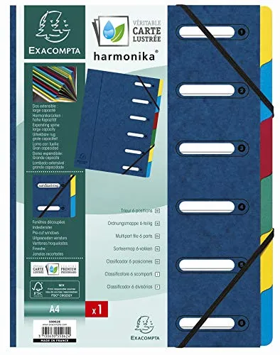 Exacompta 55062E Premium Ordnungsmappe Harmonika. Aus extra starkem Colorspan-Karton DIN A4 6 Fächer und 2 Gummizüge mit Indexfenster und dehnbarem Rücken Register-Mappe blau