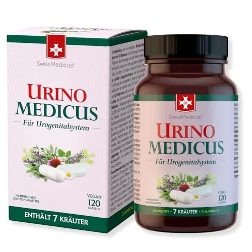 SwissMedicus UrinoMedicus - Cranberry + D-Mannose für das Urogenitalsystem - Fruchtextrakt aus Cranberry, unterstützt Blase und Harnwege mit 7 natürlichen Pflanzenstoffen, ideal bei Blasenentzündung und zur Stärkung der Immunität.
