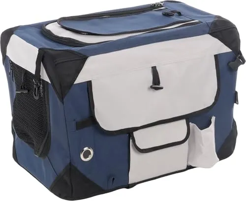 Flamingo Transportkäfig Geronimo blau 35x49,5x35cm - Autotransportbox für Hunde mit verstärktem, faltbarem Rahmen, herausnehmbarem Boden und praktischen aufrollbaren Vorhängen - ideal für sichere Reisen.
