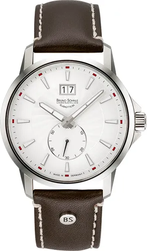 BRUNO SÖHNLE Quarzuhr 17-13158-241 - Elegante Armbanduhr mit silbernem Edelstahlgehäuse und braunem Lederarmband, bietet hervorragende Ablesbarkeit durch lumineszierende Zeiger und Indizes.
