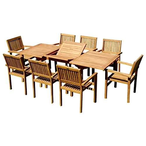 ALEOS. Teak Set: 9-tlg. Gartengarnitur mit Ausziehtisch und 8 stapelbaren Miami Sesseln - Möbelset aus echtem Teakholz, ausziehbarer Tisch 150-210 cm und 8 stapelbare Sessel. Robuste Qualität für lange Haltbarkeit und umweltfreundlich aus kontrolliertem Anbau.