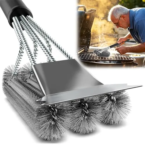 PQETBV Grill Bürste, BBQ Grill Reinigungsbürste, Edelstahl Grillbürste, Dreireihigen Edelstahlborsten, Geeignet für Gasgrill, Holzkohlegrill, Kugelgrill, Elektrogrill und Grillrost
