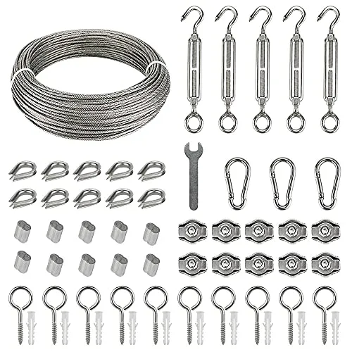 Drahtseil Edelstahl Set 60pcs, 35m/2mm Stahlseil für Rankhilfe mit M5 Spannschloss Seilspanner, Ösenschraube/Ringschraube Augen Schraubösen, Seilkauschen, Alu Seilklemmen, Drahtseilklemmen