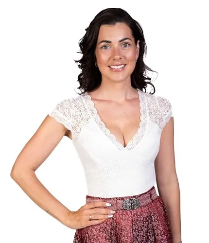 Trachtl - Amanda Trachtenbody Body Spitzenbluse Bodysuit Dirndlbluse Spitzenbody Party Bodys Dirndl V-Ausschnitt Cremeweiss Gr. 34-44 (Cremeweiss, 38)