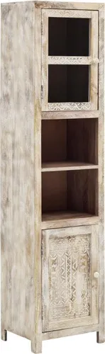 Woodkings® Hochschrank Bitna - Rustikaler Badhochschrank aus Mangoholz - Hochschrank aus massivem Mangoholz, handgefertigt mit markanten Schnitzereien, ideal für ein stilvolles Badezimmer. Maße: 43x180x35 cm, mit Tür und offenen Fächern. Lieferung aufgebaut.