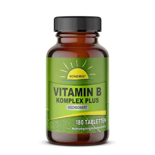 Vitamin B Komplex PLUS (hochdosiert, mit Cofaktoren), 180 vegane Tabletten, ohne Zusatzstoffe, Braunglas, Bonemis®