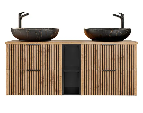 Badezimmer Waschplatz Tribune 140cm | Becken black - Badmöbelset mit modernem Design, inklusive edlem Aufsatz-Waschbecken in schwarz marmoriert und praktischem Stauraum durch Schubladen.