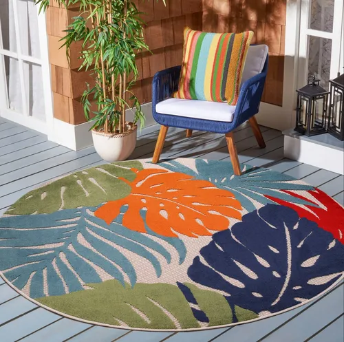 Sanat Teppich Floral Outdoor - Rund, 6 mm Höhe, Wasserresistent - Flachgewebe-Teppich für Innen und Außen, wasserresistent und robust. Verleihen Sie Ihrer Terrasse oder Ihrem Balkon mit dem floralen Design einen Hauch von Gemütlichkeit.
