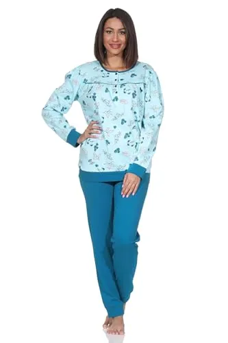 Normann Damen Langarm Schlafanzug Pyjama in Türkis, Größe 48-50 - Eleganter Langarm Pyjama mit klassischem Design und praktischer Knopfleiste für einfaches An- und Ausziehen. Bündchen sorgen für perfekten Sitz und hohen Tragekomfort. Oeko-Tex Standard 100 zertifiziert für geprüfte Qualität.