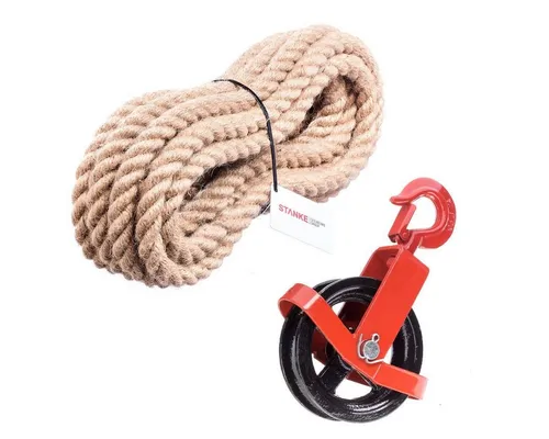 STANKE Umlenkrolle mit Haken und Juteseil (2-teilig) - Praktische Umlenkrolle mit robustem Haken und hochwertigem Juteseil. Ideal für vielseitige Anwendungen in Werkstatt und Garten. Hohe Belastbarkeit und angenehme Handhabung zeichnen dieses Set aus.