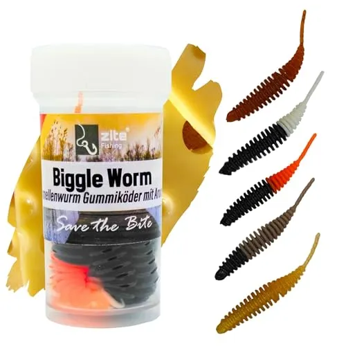 Zite Fishing Biggle Worm Gummiköder | 8 Stück Lamellen-Gummiwurm für Ultra Light Forellen Angeln | Made in Germany | 100% Phthalatfrei (Natur, Käse)