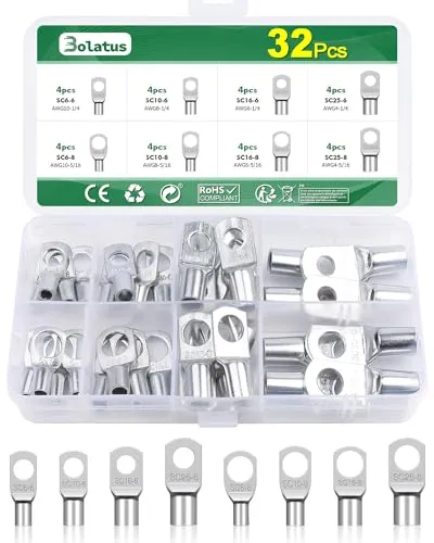 Produktbild Bolatus 32 Stück Rohrkabelschuhe Set, Kabelschuhe 6mm², 10mm², 16mm², 25mm² Ringkabelschuhe aus Verzinntem Kupfer für Kfz Ringösen M6 M8