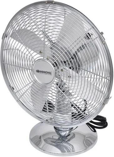 Sonnenkönig Tischventilator Chrom 12 - Ventilator mit schwenkbarer Oszillation, 3 Ventilationsstufen und hoher Effizienz, ideal für angenehme Kühlung im Büro oder Zuhause.