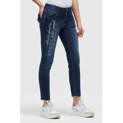 Slim-fit-Jeans SOCCX, Damen, Gr. 28, Normalgrößen, blau, Material: 68% Baumwolle, 16% Polyester, 14% Lyocell, 2% Elasthan, Zusatz: Enthält nichttextile Teile tierischen Ursprungs (Badge), bedruckt, slim fit, Jeans Slim-fit-Jeans, mit verkürztem Bein