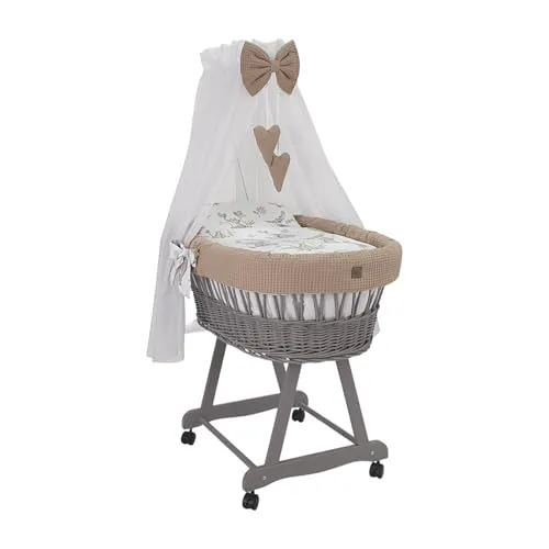 Wiklinopol Stubenwagen aus Weide mit Baldachin und Gestell Lena – Moseskorb in Grau, Komplettset mit 5-TLG. Waffel-Bettwäsche Safari Beige – Mit Rollen, Tragbar, Sicher