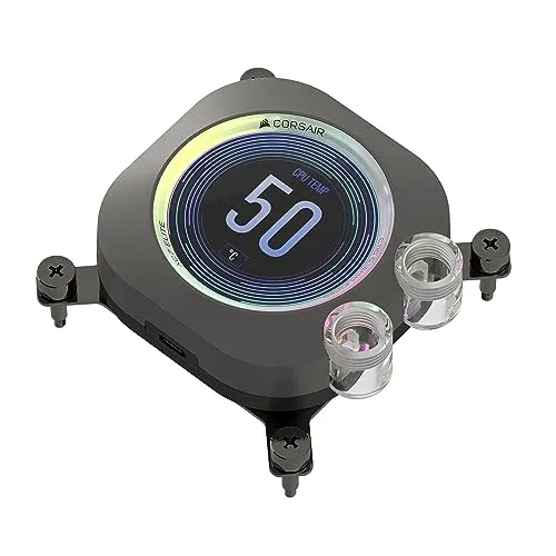 Corsair XC7 RGB Elite LCD CPU-Wasserkühler - Wasserkühlung mit 480×480 IPS-LCD, personalisierbar mit Echtzeit-Temperaturanzeigen und 31 RGB-LEDs für eindrucksvolle Optik und Kühlleistung.
