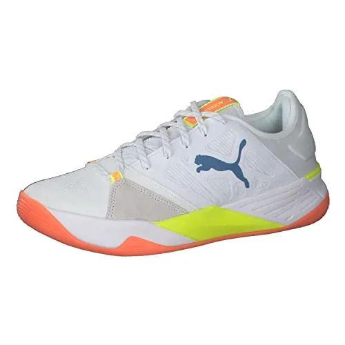 PUMA Unisex Accelerate Turbo Nitro Hallen-Pumps – Puma White Mykonos Blue Yellow Alert Neon Citrus, 42.5 EU - Leichte Hallen-Pumps mit NITRO Foam für optimalen Tragekomfort und Reaktivität, ideal für sportliche Aktivitäten und das Training in der Halle.