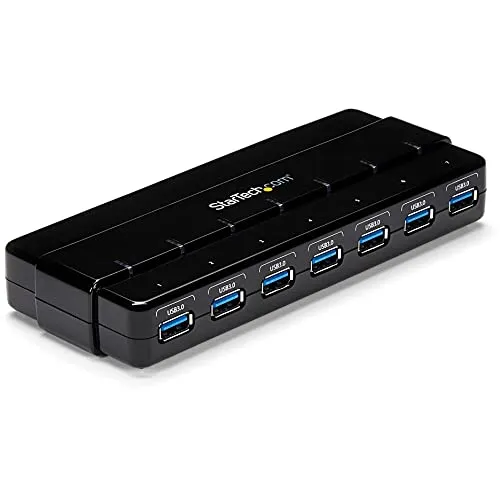 StarTech.com 7 Port USB 3.0 SuperSpeed Hub - Schwarz - USB-Hub mit 7 Ports, unterstützt Geschwindigkeiten bis zu 5 Gbit/s, ideal für schnelle Datenübertragungen und universelle Kompatibilität ohne Treiber.