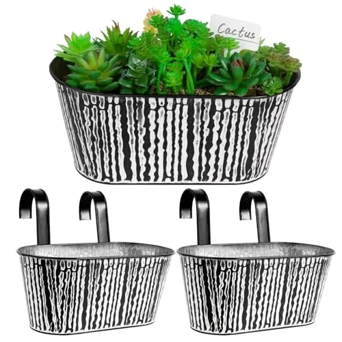 BOFUNX 2pcs Hängetöpfe Set Vintage Pflanztopf Blumentopf Übertopf mit Haken Balkon Blumentopf Hängend für Dekotation Balkon Draussen Innenwand Garten Wand Geländer Zaun(Schwarz Gestreift 27×14×22cm)