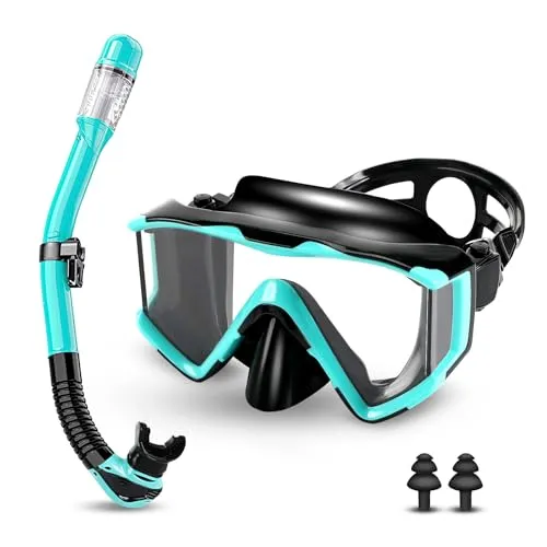 Schnorchelset Erwachsene,Taucherbrille Erwachsene mit Dry Schnorchel, wasserdichte Tauchmaske Anti-Fog Anti-Leck,Mit gehärteter Glaslinse, Schnorchelsets für Schnorcheln und Tauchen (Schwarz/Grün)