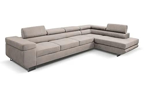 Margaret Hadas24 Ecksofa L Form Marlene IV, Schlaffunktion, Bettkasten, 347x202cm, verstellbare Kopfstützen Couch, 5 Sitzer Schlafcouch Bettsofa, Samtstoff Wohnlanschaft Bettzeugablage, rechts, beige