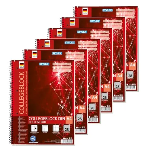 Stylex 43889-P6 - Collegeblock kariert, 6 Stück in DIN A4, je 80 Blatt mit 60 g/m² mit Spiralbindung