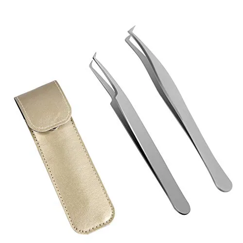 Lunamoon Wimpern Pinzette für Wimpernverlängerung - 2 Stück Gerade und gebogene spitzen Pinzette Professionelle Wimpern Pinzette Set (tweezers set04)