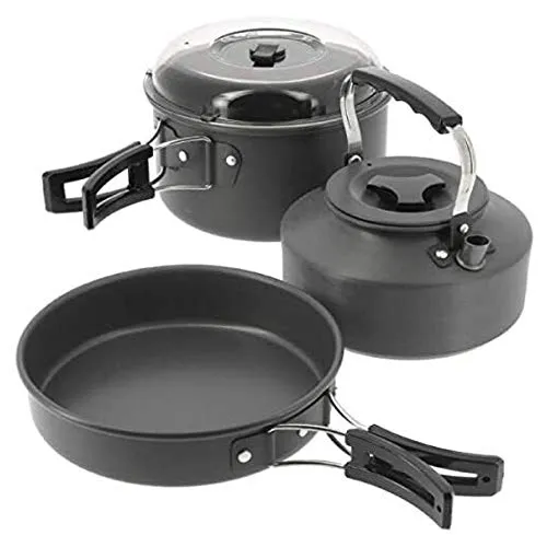 NGT Kettle, Pot und Pan Set 3pc - Camping-Kochen: Kompaktes und leichtes Kochset aus eloxiertem Aluminium, ideal für Angler und Outdoor-Enthusiasten. Stapelbar mit besserer Antihaft-Beschichtung und klappbaren Griffen.