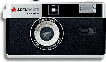 AgfaPhoto Reusable Half Frame Photo Camera schwarz - Analoge Kamera im Retro-Design, ideal für kreative Fotografie mit halben Bildern und umweltfreundlicher Nutzung.