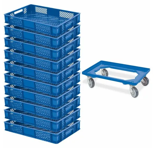 BRB-Lagertechnik Stapelbox 10x Eurobehälter mit Transportroller - Stapelboxen-Set mit 10 Eurobehältern und Transportroller, robust und lebensmittelecht, ideal für sicheres Lagern und Transportieren von Lebensmitteln.