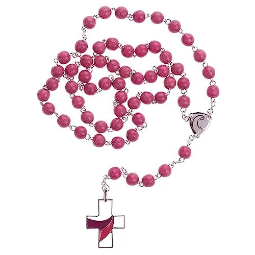 Fritz Cox Holz Rosenkranz mit rosa Perlen | Versilbertes Kreuz mit Emaille | christliches Geschenk des Glaubens | ca. 45cm