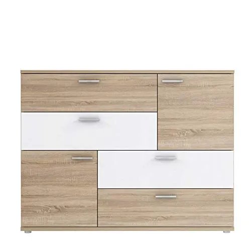FORTE Skive Kommode mit 2 Türen und 4 Schubladen, Sonoma Eiche/Weiß - Moderne Kommode mit viel Stauraum und pflegeleichter Oberfläche. Ideal für jeden Raum. Schnelle Montage und robuste Bauweise für eine langfristige Nutzung.